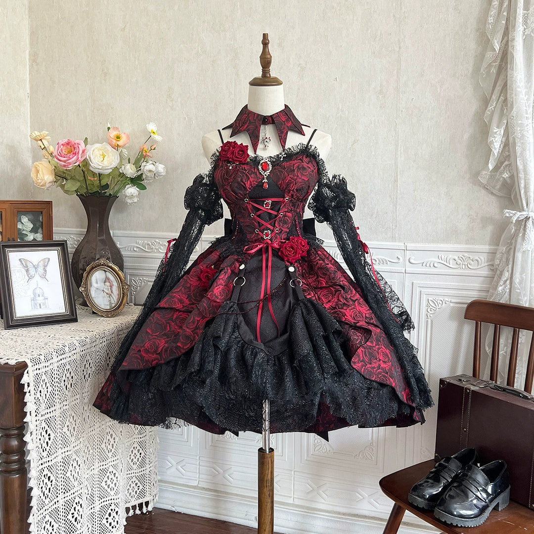 Cornfield Lolita~Rose Blood~Black Red Gothic Lolita JSK Jacquard Court Dress 40688:673084