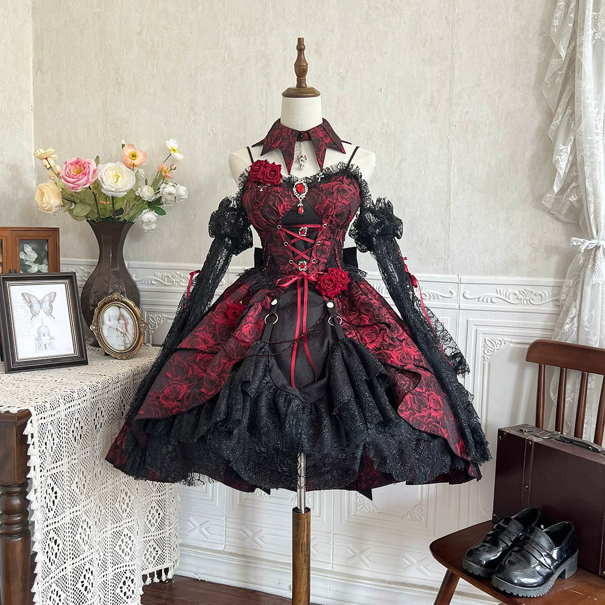 Cornfield Lolita - Rose Blood - Black Red Gothic Lolita JSK Jacquard Court Dress JSK Only (in-stock) M