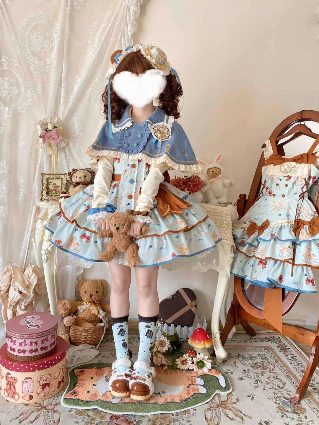 Cheese Mee Mee~Seaside Tea Party~Sweet Lolita Dress Cute Print JSK and Cape Blue Cape Only S