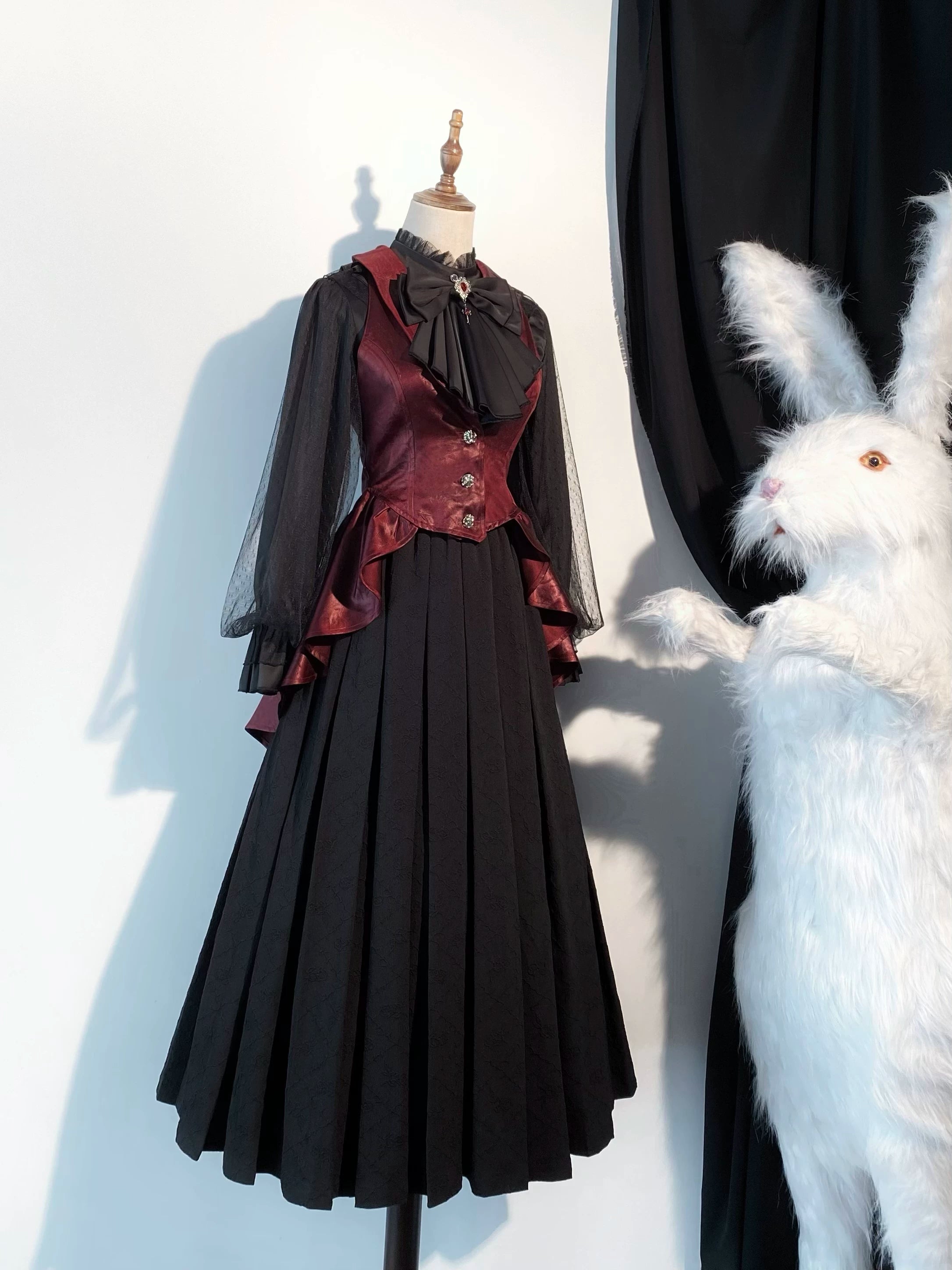 Bone Sword - Gothic Lolita Slim Fit Vest, Bone-sword Embroidery Burgundy - Vest Only (without jabot) - pre order S