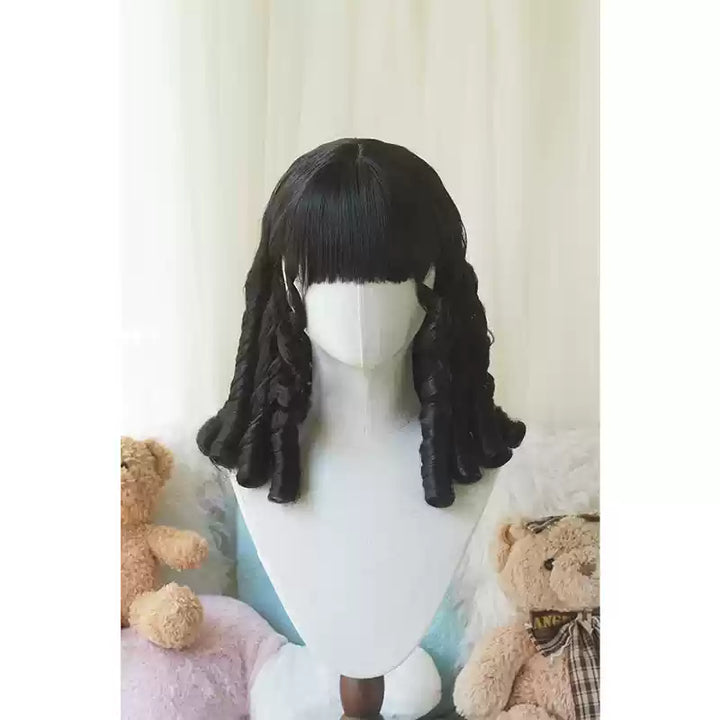 Imperial Tea~Retro Lolita Wig Short Roman Curl Hairpiece Natural black straight bangs with hairnet