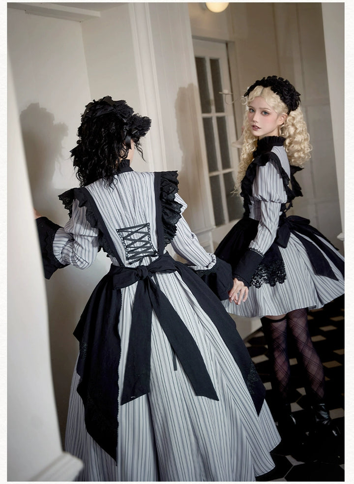 With PUJI~Nocturne SP~Striped Gothic Lolita OP Twin Lolita Dress with Apron