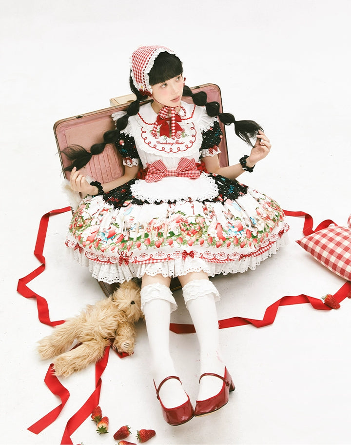 GD Lolita~Cat Strawberry Garden~Sweet Lolita Dress High Waist JSK Strawberry Print OP