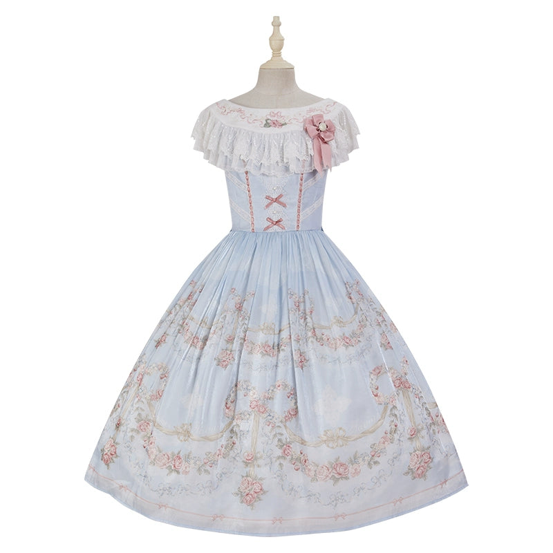 Midsummer Story~Velandri Gardens~Elegent Lolita JSK Dress Off Shoulder Dress with Cape XS Collar JSK- Blue 