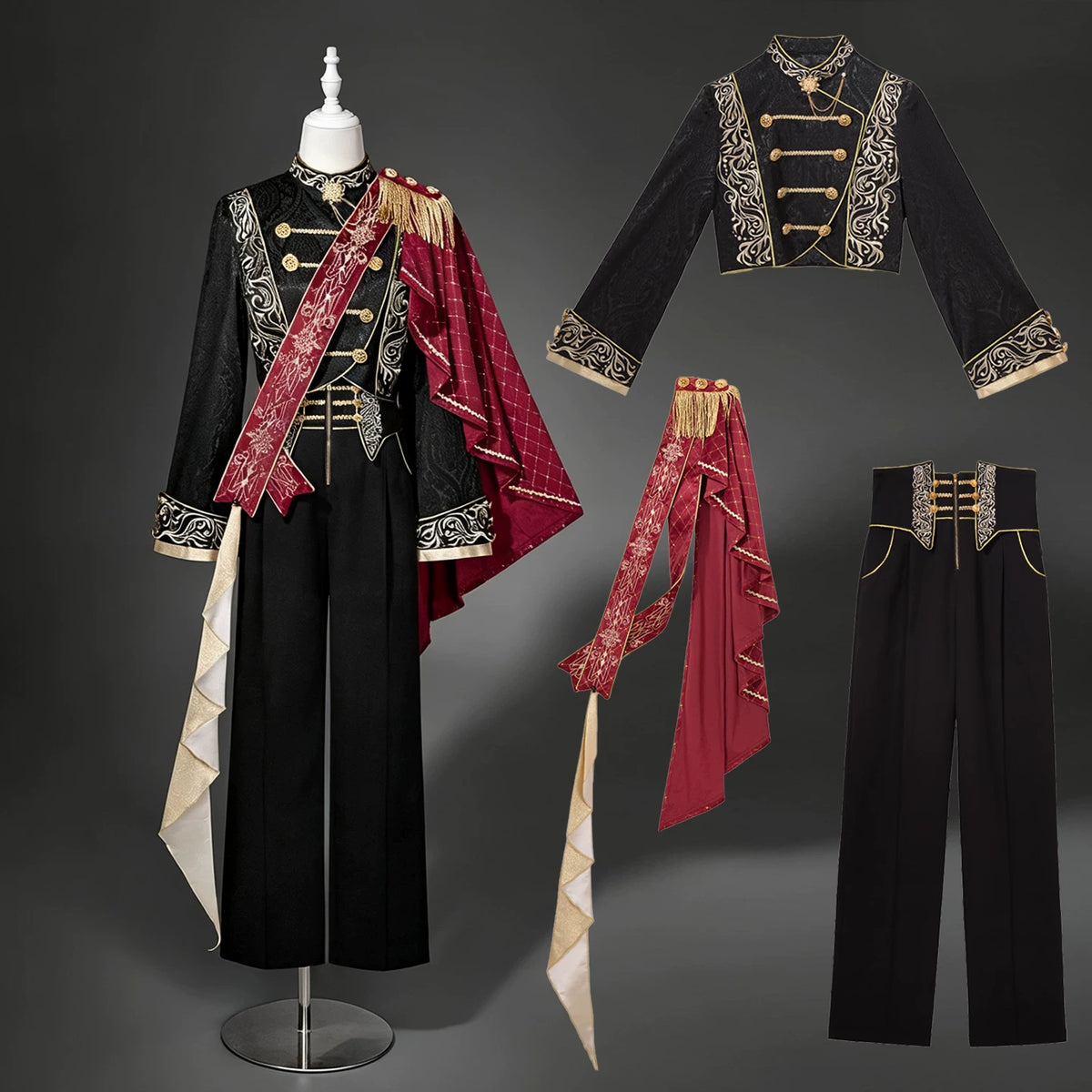 Lucifer's Glory - Military Ouji Lolita Jacket & Pants Suit, Black-Gold Embroidery (L M S XL) 46042:873204