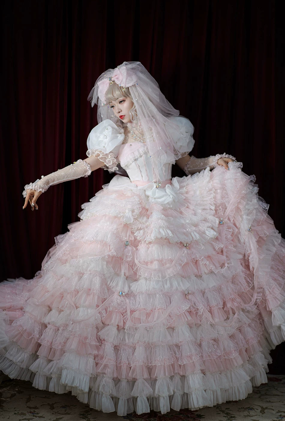 Moonlit Crystal Reverie - Wedding Sweet Lolita Top and Skirt Set, Fishbone Waist 44831:829600