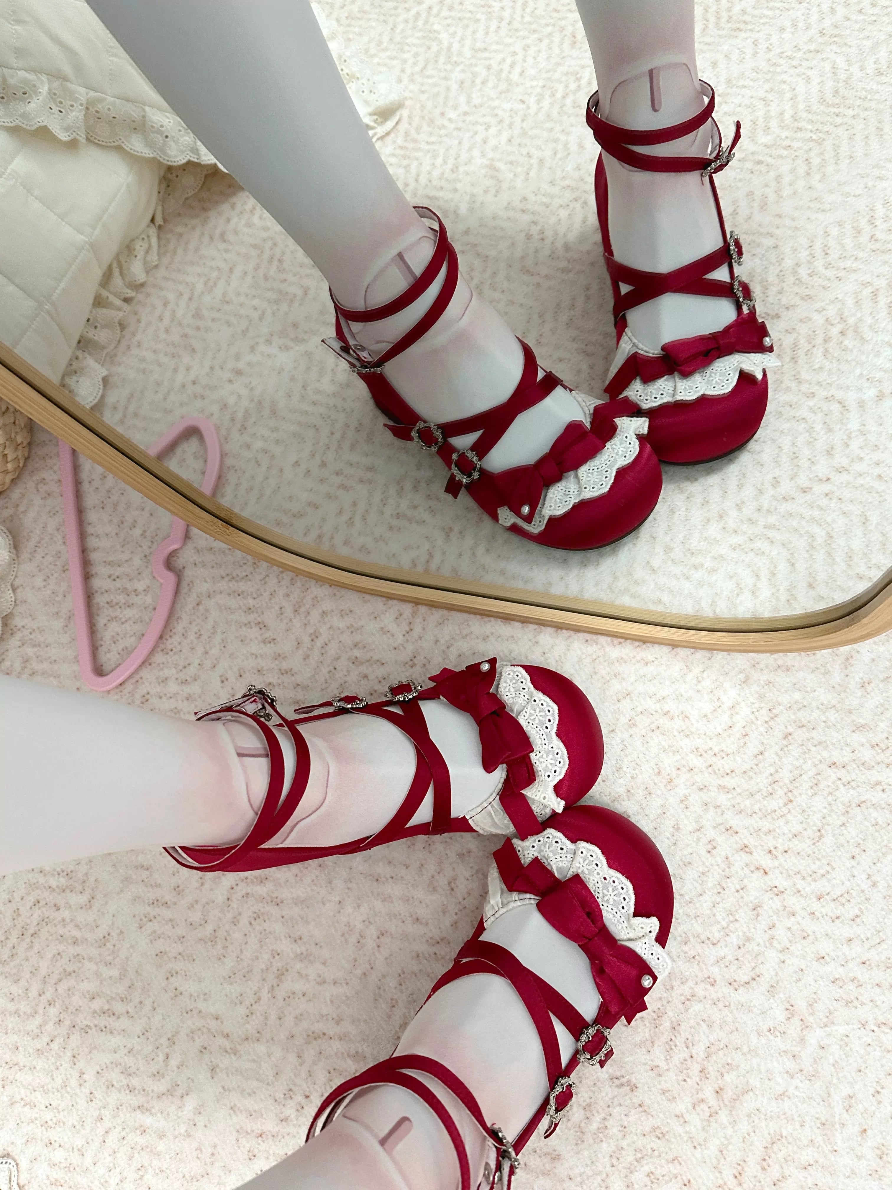 Anne's Script - Red Sweet Lolita Mary Jane Shoes, Bow & Round Toe