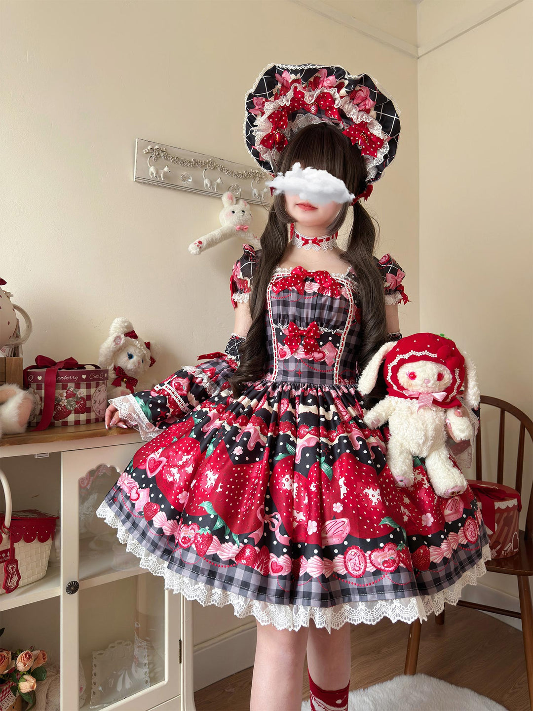 Mengfuzi~Strawberry~Sweet Lolita OP and JSK with Strawberry Print