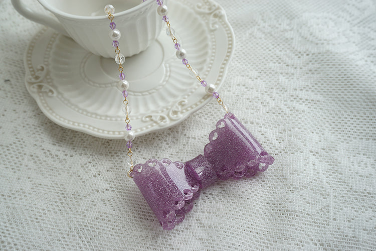 (Buyforme)Cat Tea Party~Handmade Sweet Lolita Beaded Bow Necklace purple  