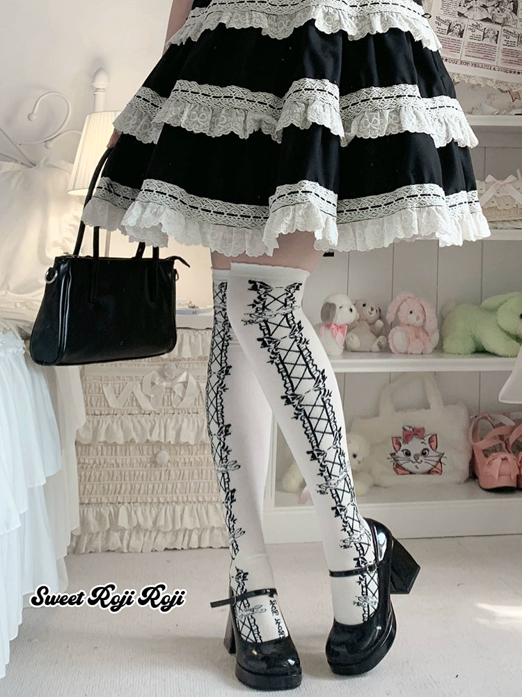 Roji Roji - Classic Lolita Socks Autumn Mid-calf Cotton Socks Black bow socks only One Size