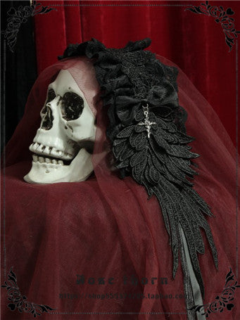 Rose Thorn - Devil Wings - Gothic Lolita Headband with Cross Pendant Custom Clolor Customized Ribbon Color+ Black (please note your desired color)
