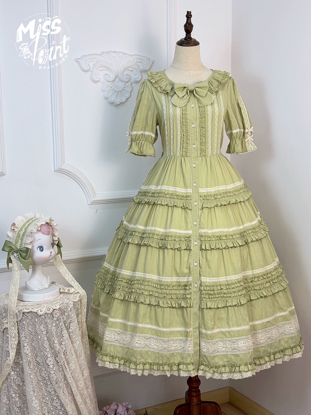 Miss Point~Cat Rose Tea~Elegant Lolita OP Open-front Short Sleeve Tiered Dress (2XL L M S XL XS) 42135:727843