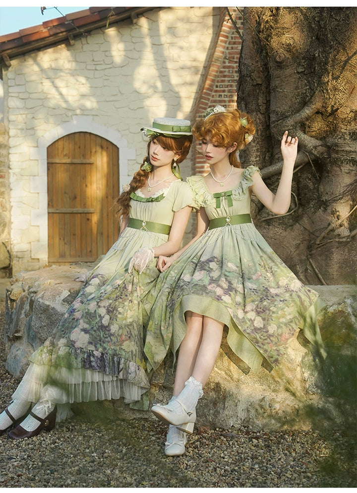 With PUJI~Blooming Rose~Chiffon Classic Lolita Dress Set Painting Styled OP & JSK