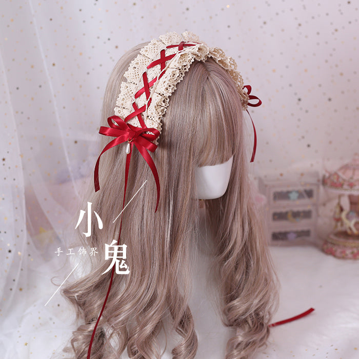 Xiaogui - Japanese Style Sweet Lolita Lace Headband Multicolors Dark Red + Cotton Headband