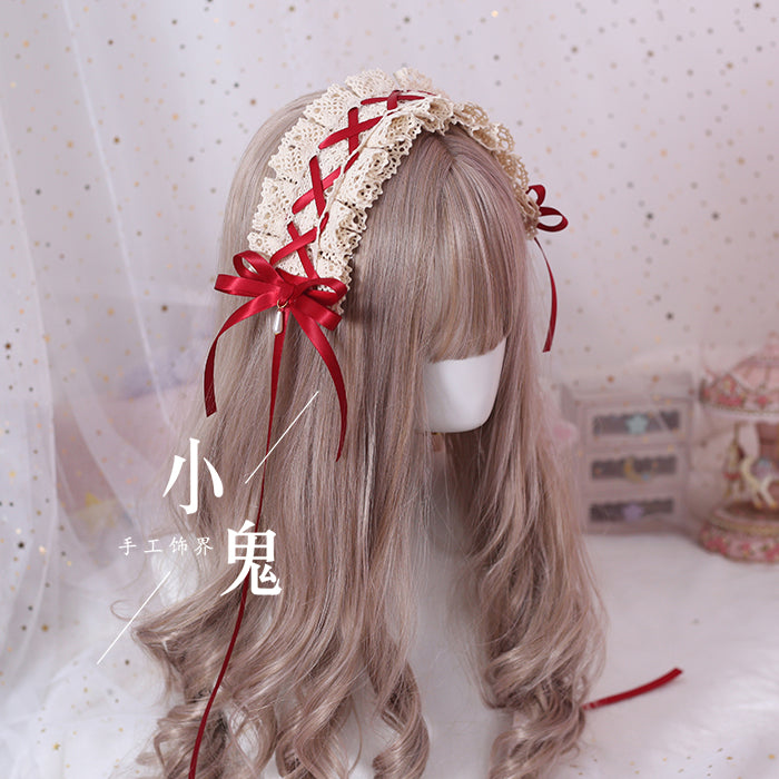 (BFM)Xiaogui~Japanese Style Sweet Lolita Lace Headband Multicolors Dark Red + Cotton Headband  
