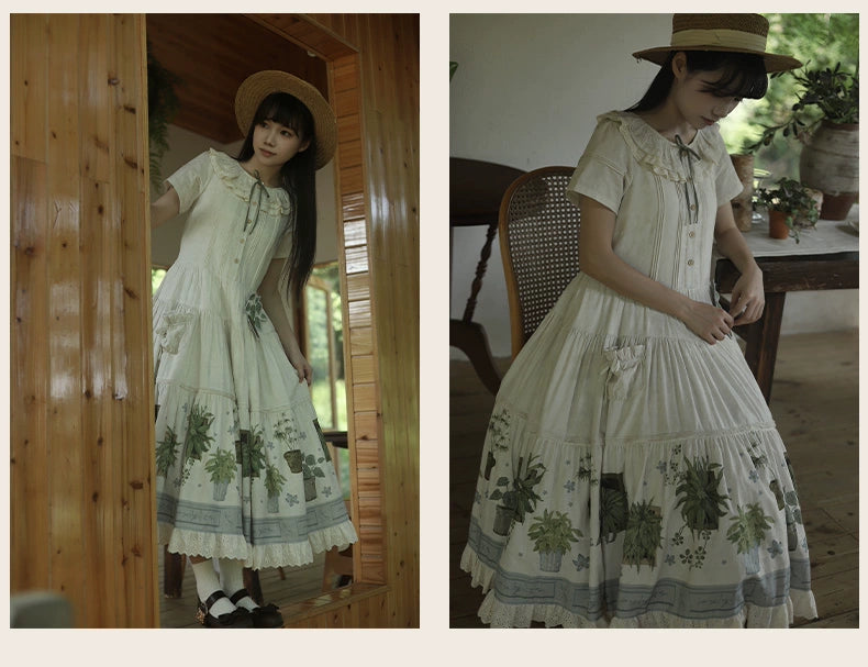 Piggy Bun - Potted Plant - Country Lolita Dress, Green Plant Print