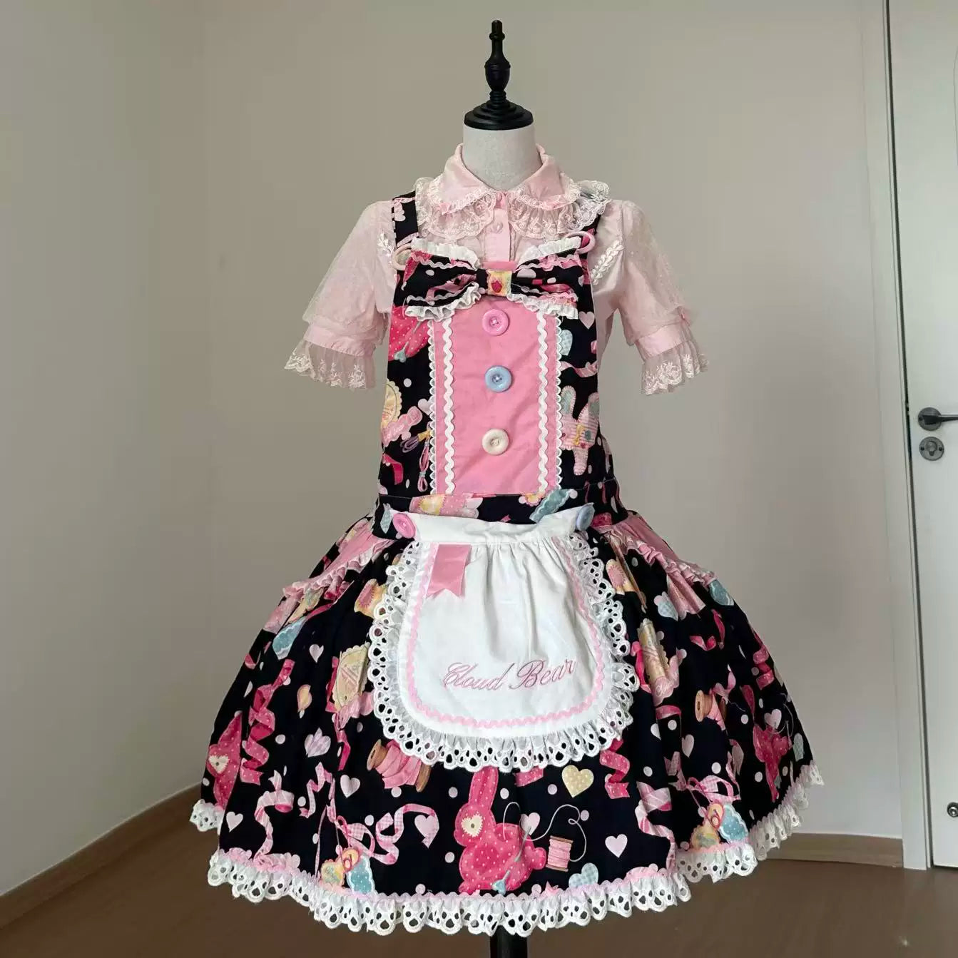Little Bunny Tag - Sweet Lolita Bunny Printed OP & Salopette, Detachable Apron (2XL L M S XL / Pre-order) 45718:859505