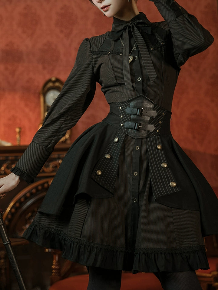 (BFM)Mr. Yi's Steam Continent~Gothic Lolita Skirt Black High-Waisted Leather Waistband Skirt