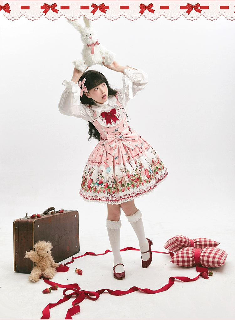 GD Lolita~Cat Strawberry Garden~Sweet Lolita Dress High Waist JSK Strawberry Print OP