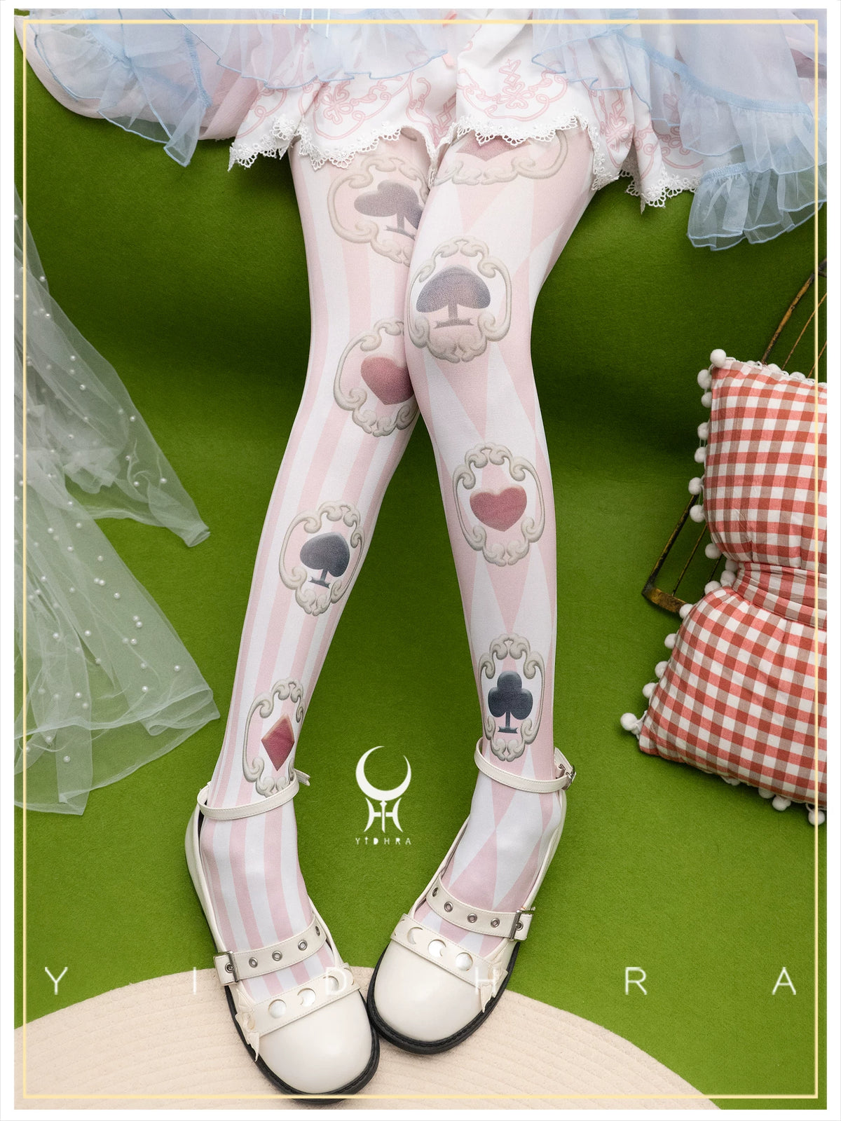 Hana & Alice - Sweet Lolita Velvet Pantyhose, Playing Card Print Pink (one size)