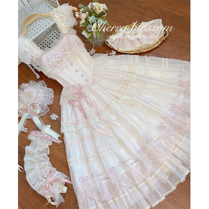 MieYe - Cherry Blossom - Pink Sweet Lolita Tiered Dress (JSK / V-waist / L M S XL) 43397:775329