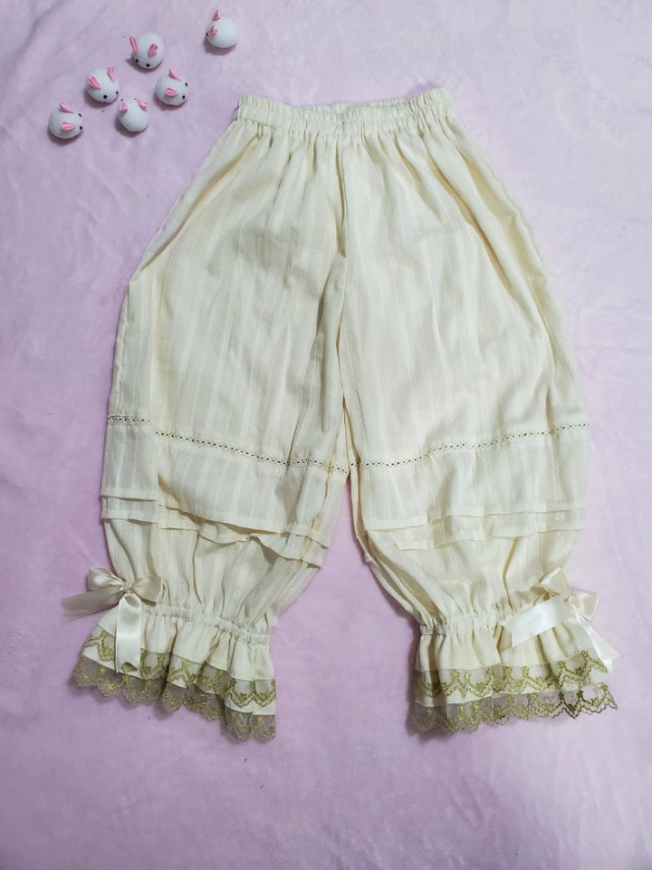 WangYan&SumStar~Sweet Lolita Bloomers Pure Cotton Shorts Leggings Total length 60 cm Beige with gold lace 