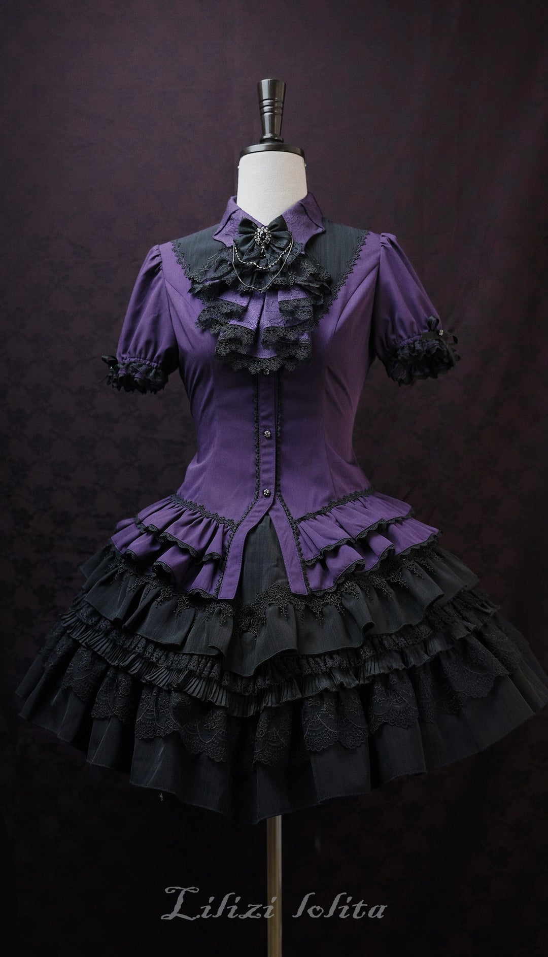 (BFM)Lilizi~Crumbled Gift~Gothic Lolita Shirt Short Sleeve Blouse Neckerchief Brooch XS Purple shirt + purple necktie 