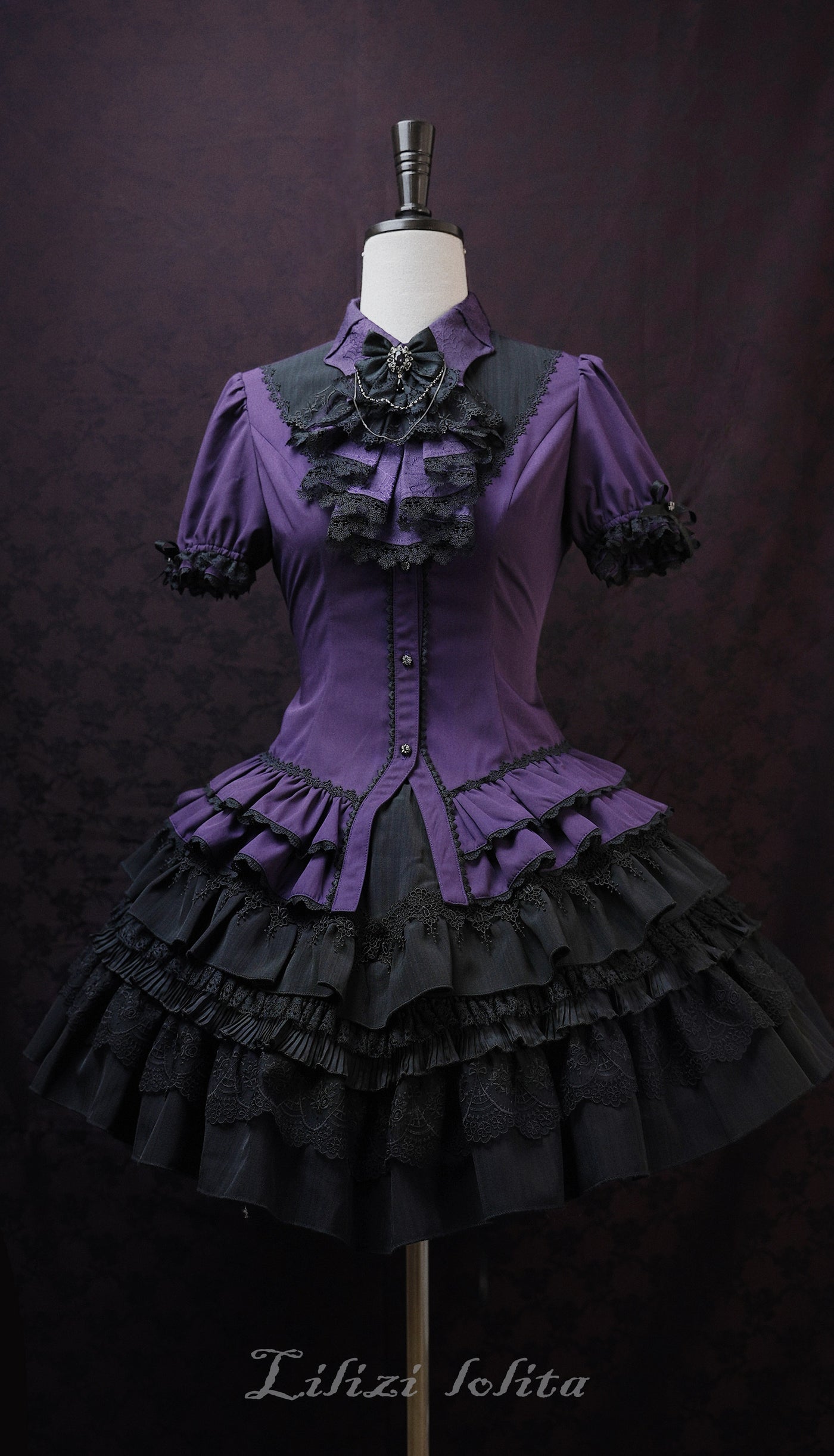 (BFM)Lilizi~KuiLi Series~Elegant Lolita Blouse with Bat Collar XS Purple shirt + purple bib tie 