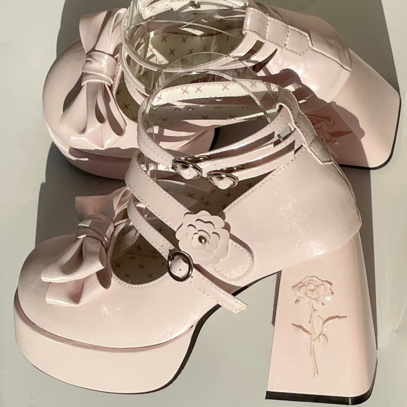 Dreamland~Whispers of the Rose~Daily Lolita Platform Heels Shoes with Relief Rose Light Pink (back heel height: 11 cm) 34