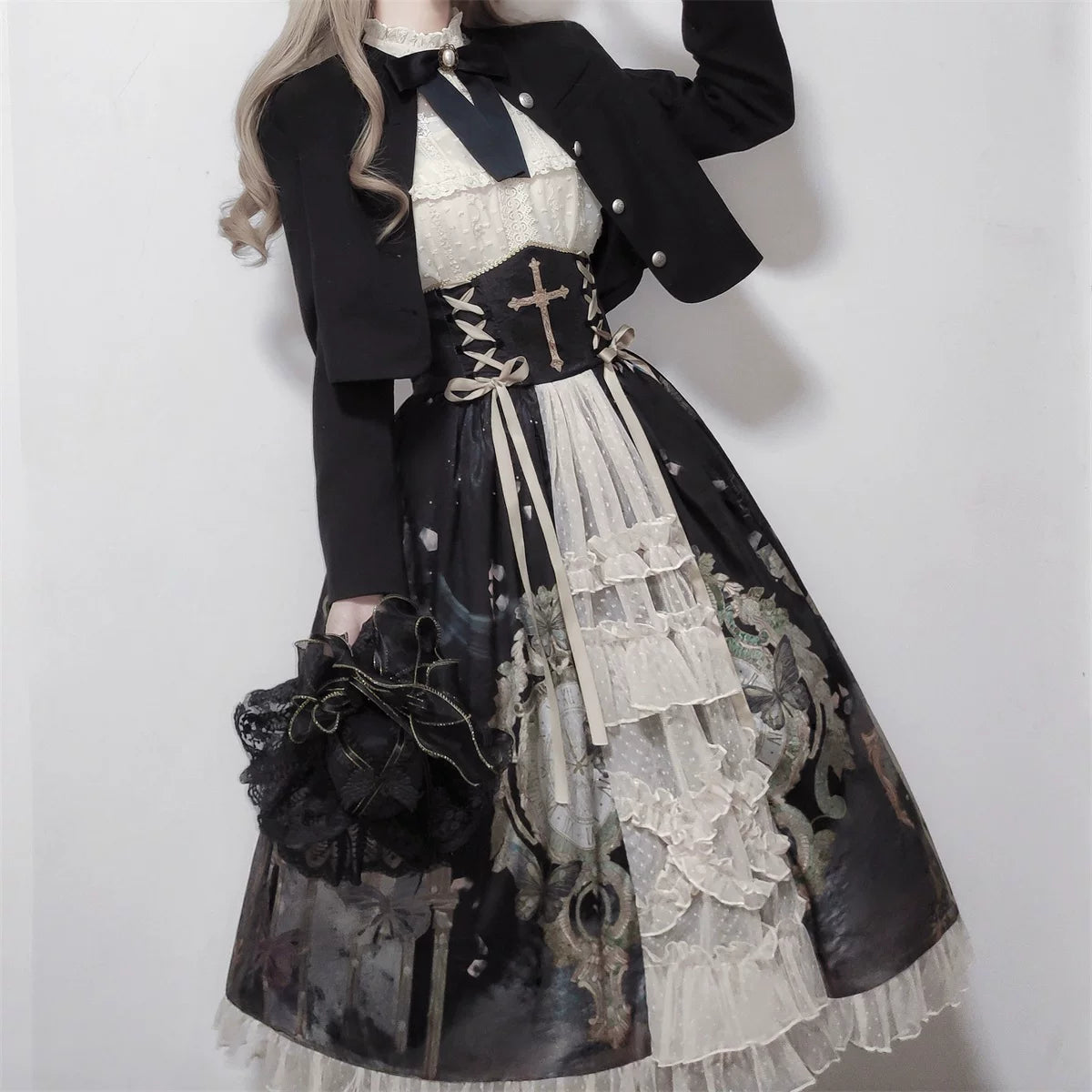 Clock Butterfly - Gothic Lolita Printed Blouse and Corset Skirt Set