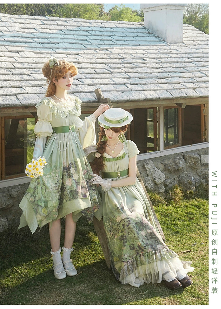 With PUJI~Blooming Rose~Chiffon Classic Lolita Dress Set Painting Styled OP & JSK