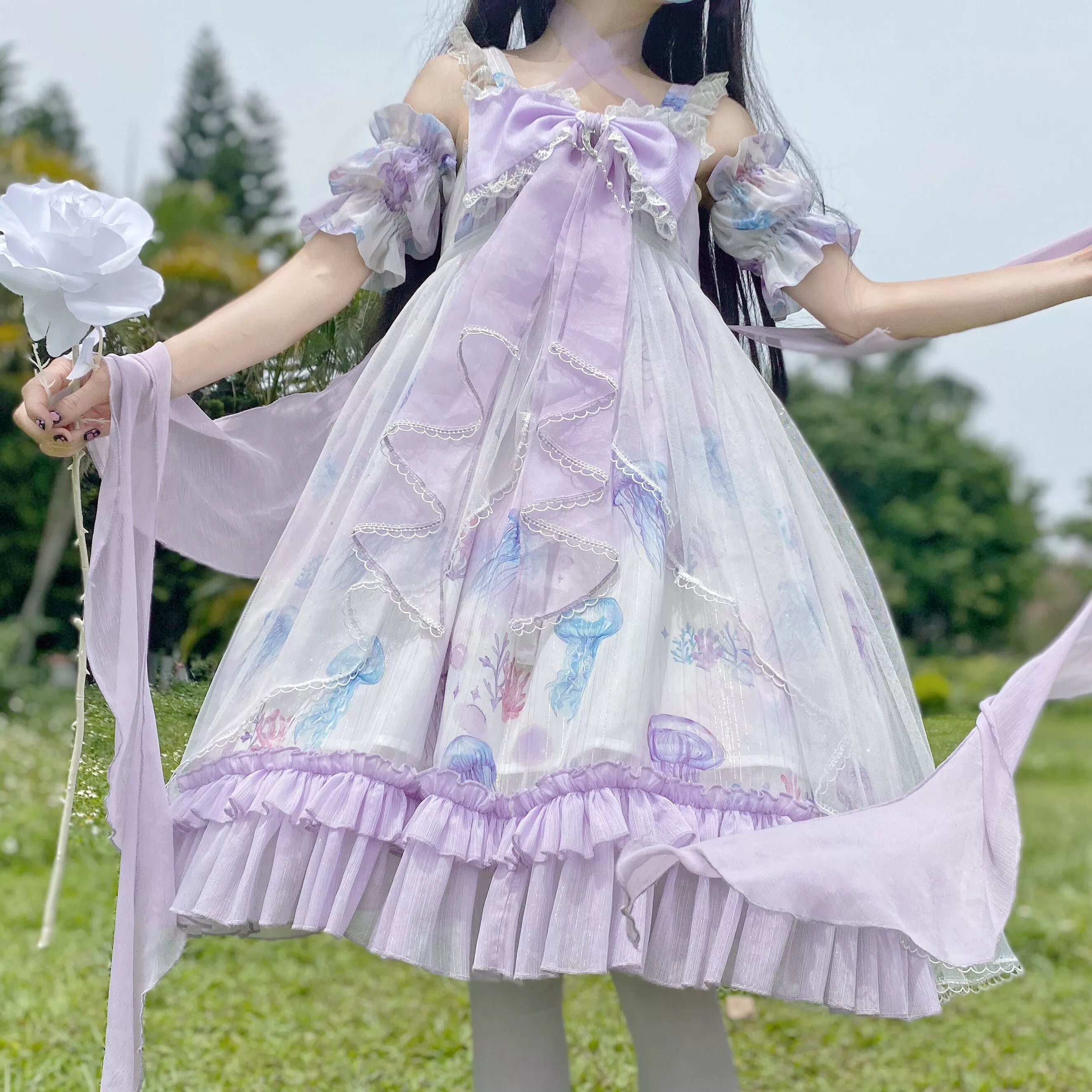 Coral Jellyfish - Sweet Lolita High-waist JSK Dress, Jellyfish & Coral Print 44906:827400