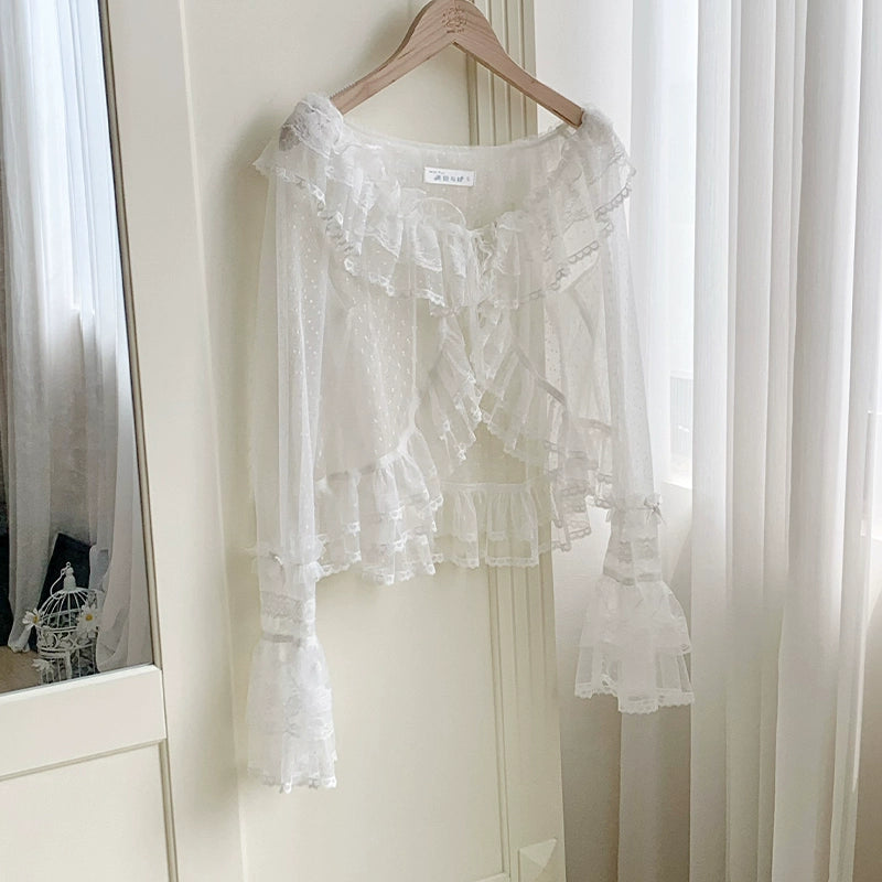 With PUJI~Flower Visage~Summer Lolita Sheer Cardigan with Rose Brooch