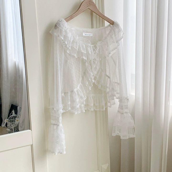 With PUJI~Flower Visage~Summer Lolita Sheer Cardigan with Rose Brooch