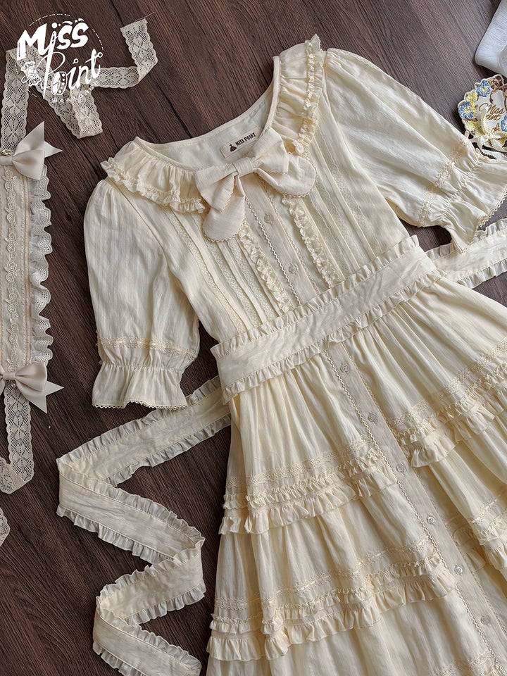 Miss Point~Cat Rose Tea~Elegant Lolita OP Open-front Short Sleeve Tiered Dress 42135:727806