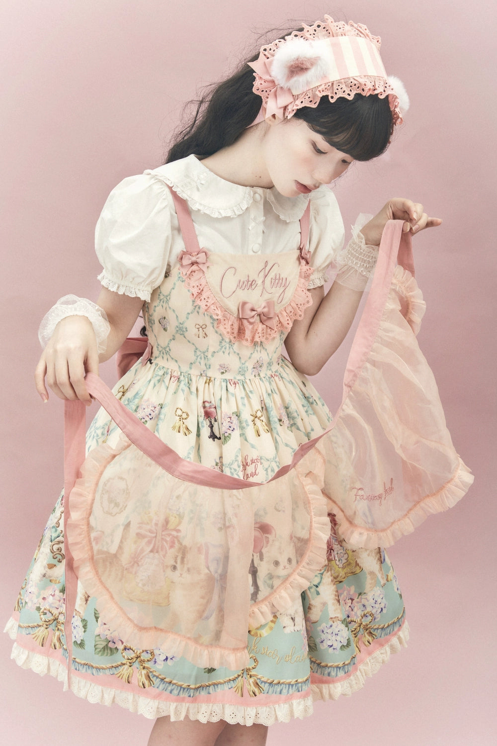 Dark Star Island~Kawaii Lolita Dress OP Blouse SK Set Free size Organza embroidered apron 