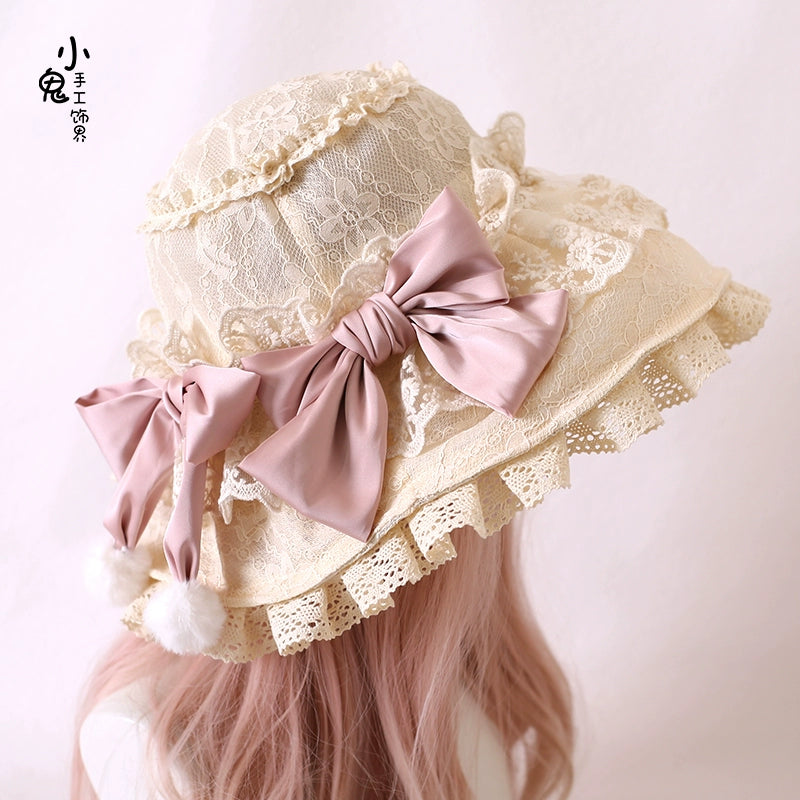 Xiaogui~Retro Lolita Hat Lace Handmade Doll Hat with Multicolor Bows free size beige hat with bean paste pink bow 