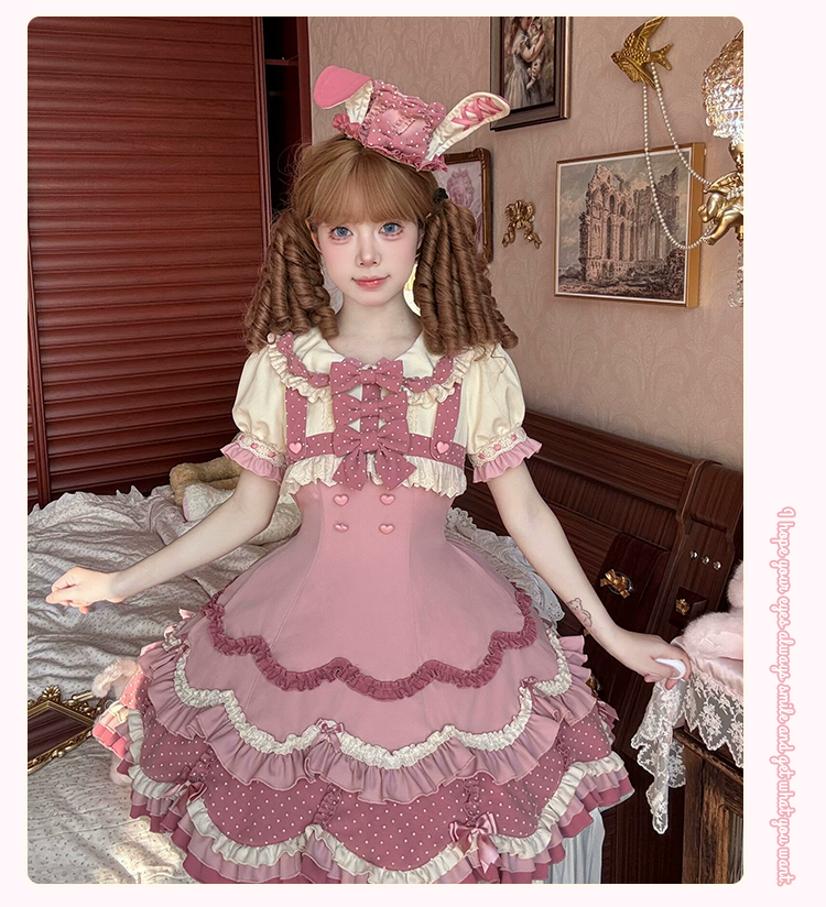 Sakurahime~Bunny Breeze~Pink Sweet Lolita OP Dress with Cute Hat and Bunny Ears