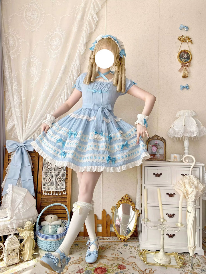 Uncle Wall Original~Cream Piping Artist~Cotton Sweet Lolita OP Halter-neck Dress With Accessory