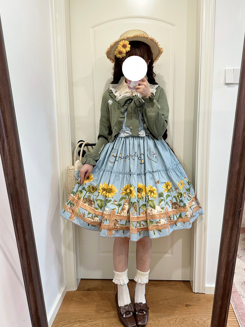 Polaris Lolita - Cat and Sunflower - Sweet Lolita JSK Cat and Sunflower Print Dress and Headdress Set