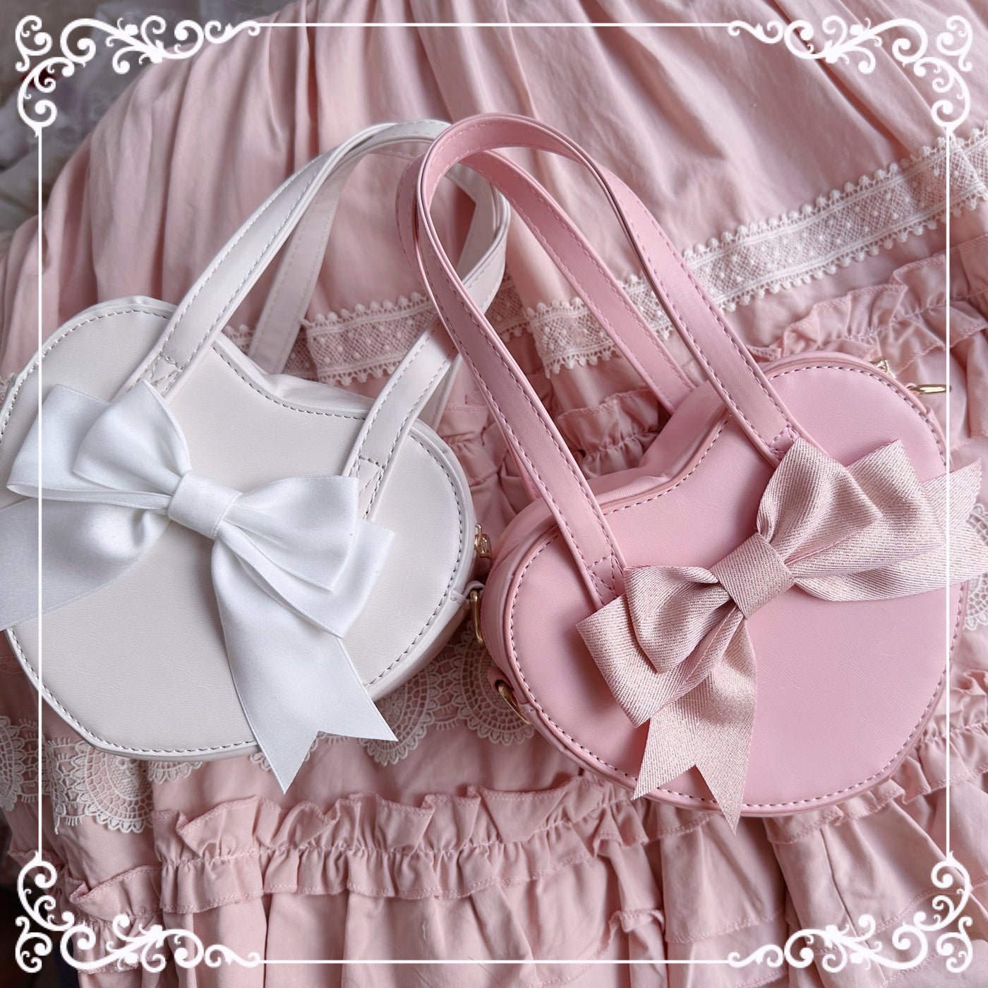 Chestnut Lolita~Kawaii Lolita Heart-Shaped Hand-Held Leather Bag bow white  