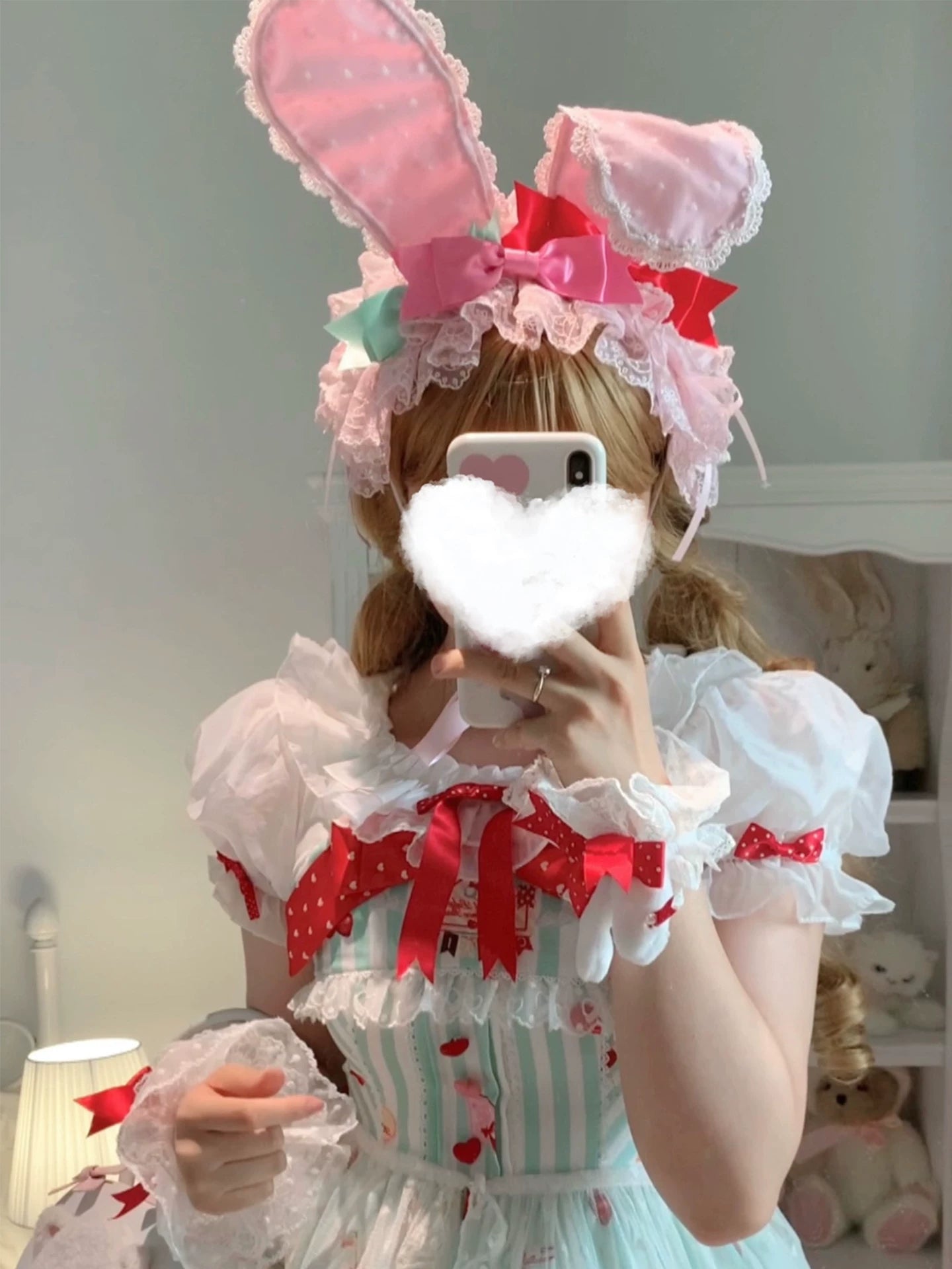 Kawaii Lolita Bunny Ear Hairband, Polka Dot Bow Hairband (pink)