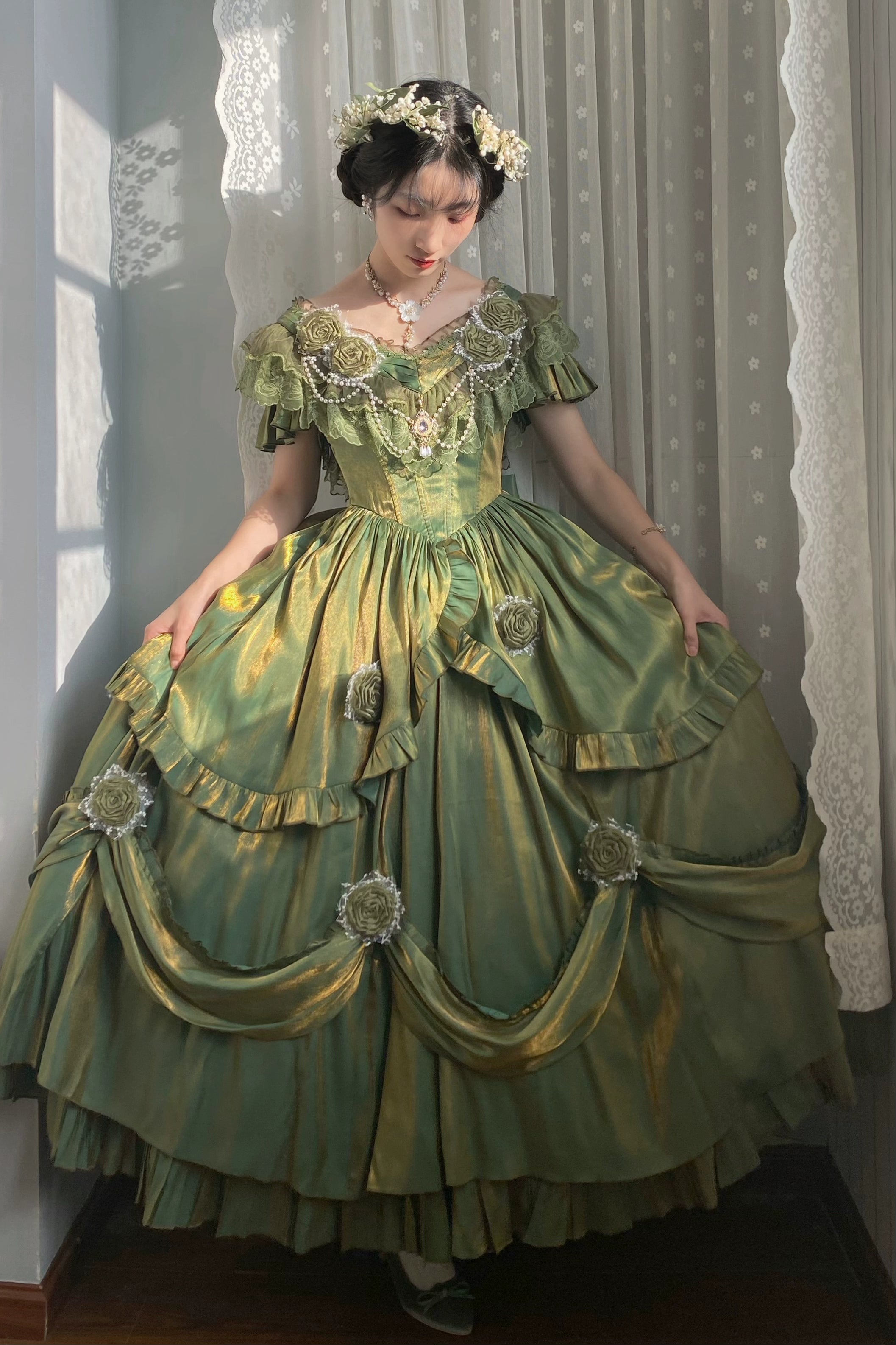 Meowing and fruity - Tana Manor - Classic Lolita OP Dress, Floral Decoration S Oil painting green