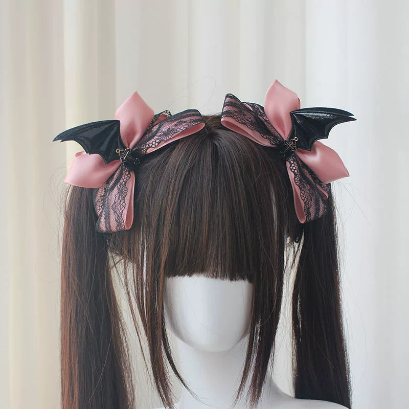 Gothic Lolita Hair Clips, Cross & Devil Wings Smoky Pink
