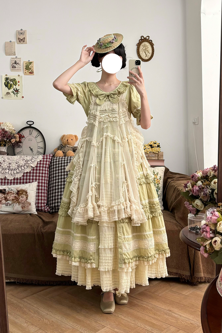 Miss Point~Cat Rose Tea~Elegant Lolita OP Open-front Short Sleeve Tiered Dress 42135:727787