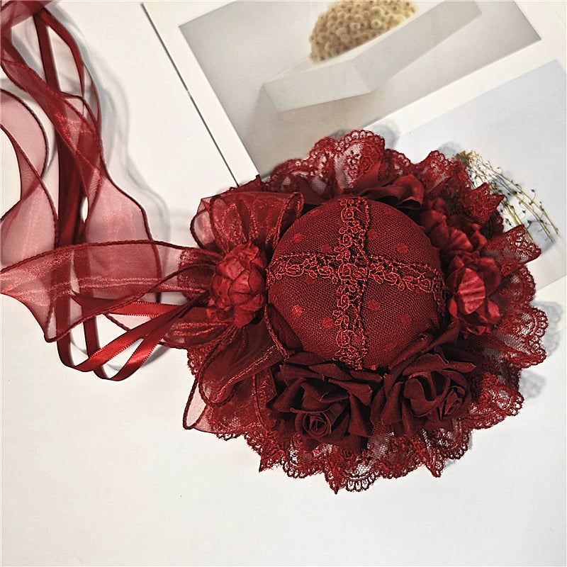 Youge Original Accessory - Gothic Lolita Red Top Hat, Rose & Bow 44131:796372