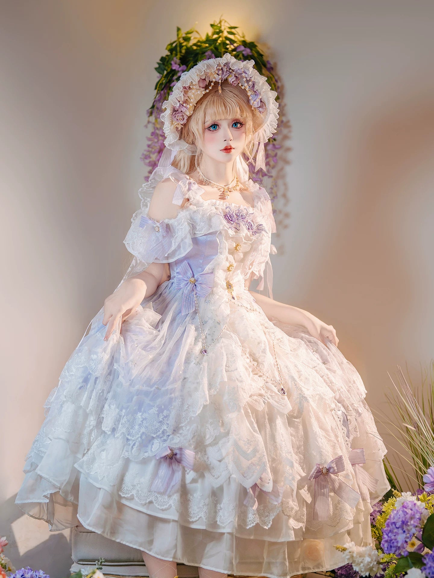 Liuli Phantom - Plus Size Classic Bridal Lolita JSK Dress, Layered Lace Hem 45741:860520