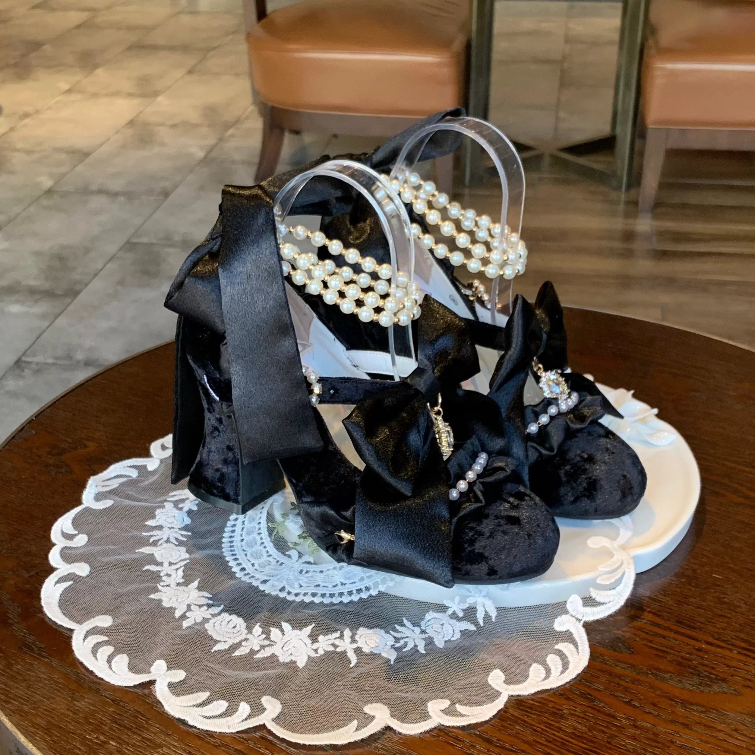 Ribbon Anthem - Gorgeous Classic Lolita Heels, Detachable Bow & Pearl (Black / 34 35 36 37 38 39 40 41) 44639:815878