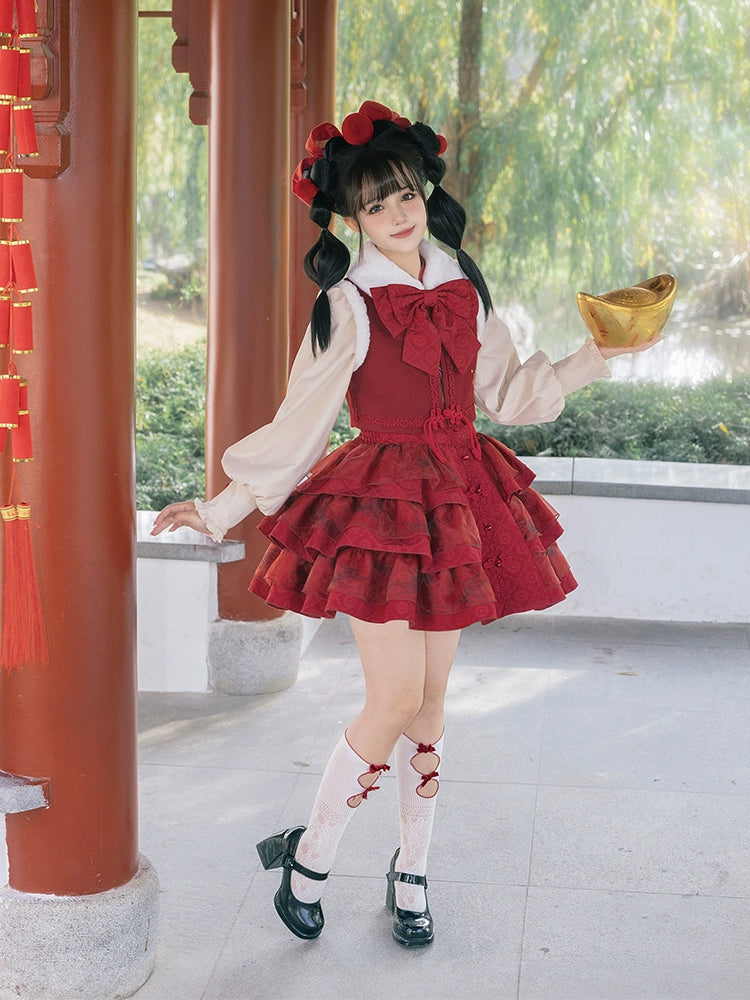 With PUJI~New Year Chinese Style Embroidery Lolita Shirt Vest Skirt Set   