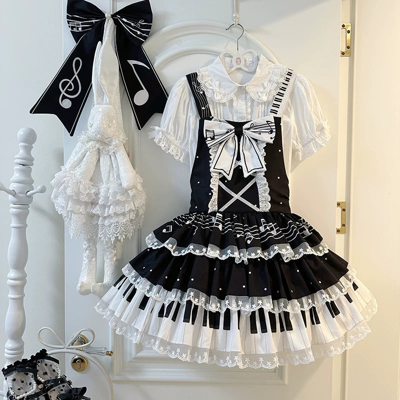 Old School Lolita Cake Saopette Dress, Piano and Music Motes Black Salopette + Front-chest Bow S